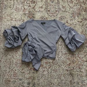 Garcia ruffle sleeve, wrap top, blue and white gingham, size small